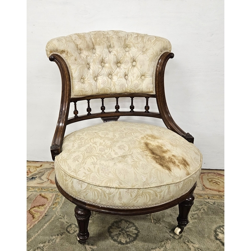 14 - Victorian Mahogany framed Armchair, cream button upholstered fabric to the curved top rail & seat (l... 