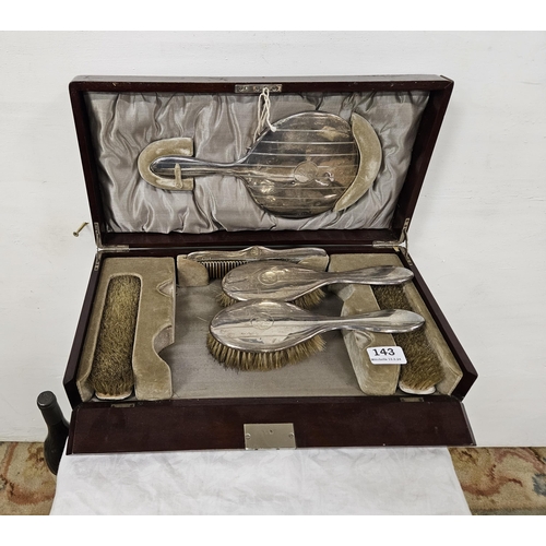 143 - 5 piece Dressing Table/Grooming Set, in an inlaid mahogany case (beige lining), with Birmingham silv... 