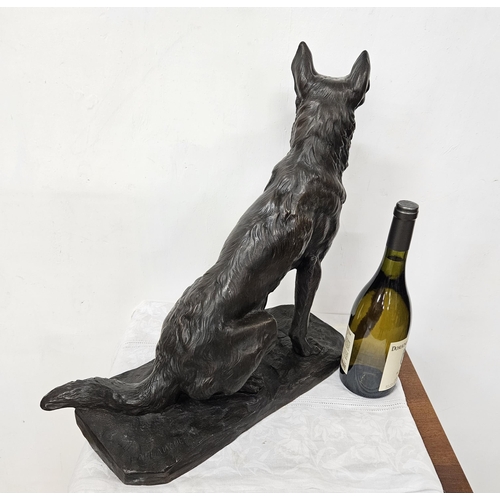 152 - French bronze model of a seated Alsatian Dog, signed La Planche, 47cmH x 44cmW