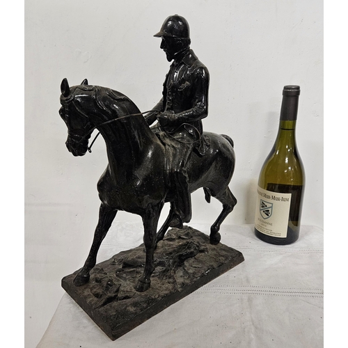 156 - French cast iron Model of an Edwardian Jockey and Horse, on a naturalistic base, 41cmH x 35cmW