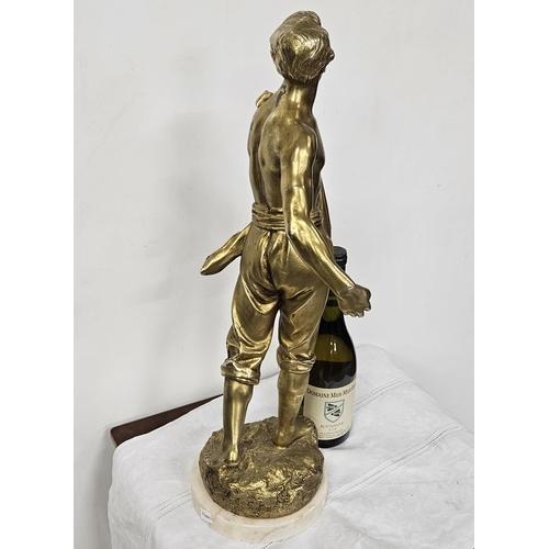 157 - French metal figure of a Seed Sower, signed J. Cluissy, painted gold, on a white marble base, 60cmH