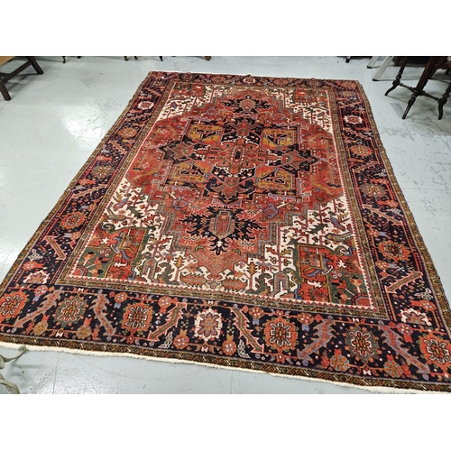 168 - Terracotta burnt orange ground Persian Heriz Carpet, traditional Heriz design, green and blue hues 3... 