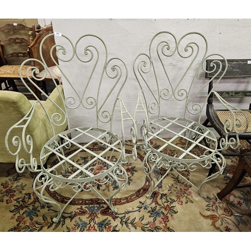 20 - Matching pair of decorative wrought metal Garden Armchairs (scrolled leaf carvings), painted green (... 