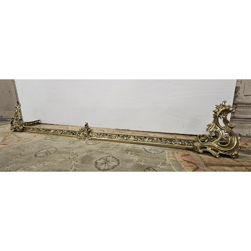 203 - 19thC Brass Fender, with detachable acanthus design ends and a pierced centre rail, about 1.8m long ... 