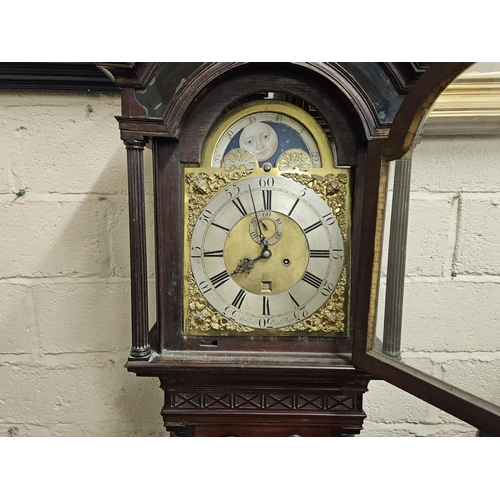 211 - Georgian Grandfather Clock, the brass dial having a moon phase, second hand and date calendar, stamp... 