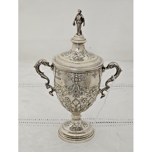 227 - Sheffield Solid Silver small Trophy Cup with handles and a lid with Goddess finial, hallmarked 1926,... 