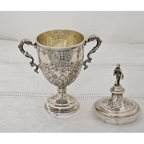 227 - Sheffield Solid Silver small Trophy Cup with handles and a lid with Goddess finial, hallmarked 1926,... 