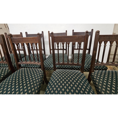 23 - Set of 8 Edwardian Mahogany Dining Chairs, with bar shaped chair backs, green fabric padded seats, o... 