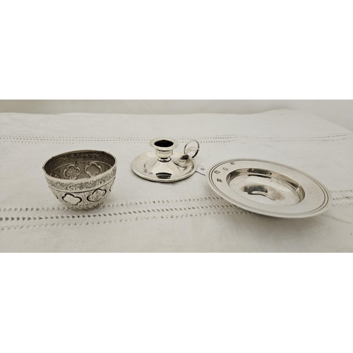 237 - WITHDRAWN 3 pieces of miniature English Solid Silver Items incl. a chamber candlestick, Victorian ch... 