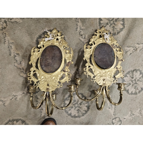 254 - Matching Pair of early 20thC Ornate Brass Framed Wall Mirrors each with 2 sconces, each having a sma... 