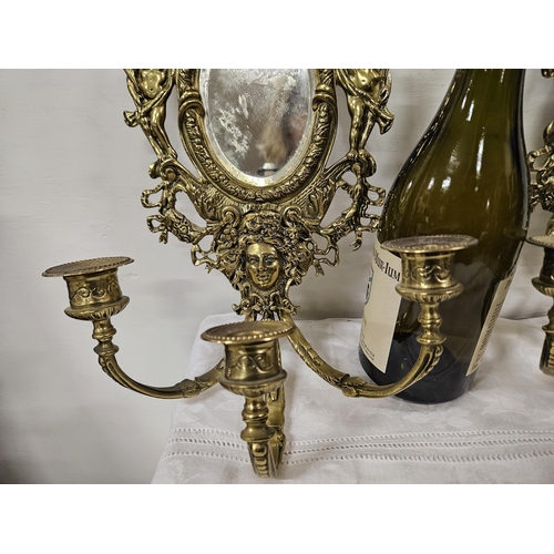 254 - Matching Pair of early 20thC Ornate Brass Framed Wall Mirrors each with 2 sconces, each having a sma... 