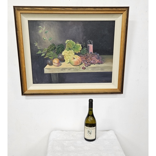 263 - Modern oil on canvas, Still life  peaches and grapes, signed Don Benzien, in a wooden frame 61cmH x... 