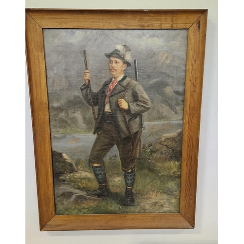 289 - Early 20thC Oil on Canvas  Portrait of a Bavarian Hunter, in a     signed AR, in a pitch pine frame... 