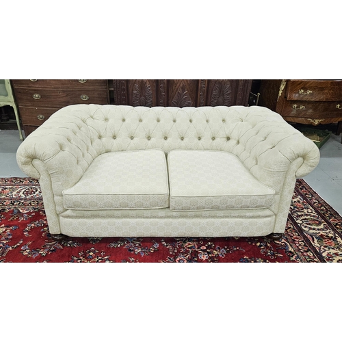 29 - Victorian Chesterfield Roll Top Sofa, recently recovered with cream damask fabric, button backs, on ... 