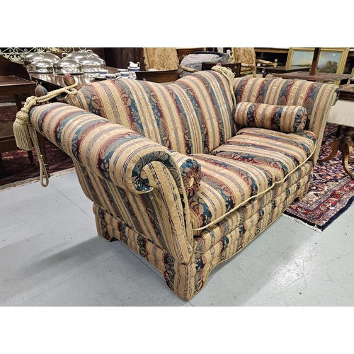 3 - Knole Sofa, with drop ends, red and green stripped fabric with 2 seat cushions, 2 bolsters, 2 loose ... 