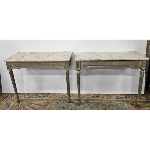 334 - Matching Pair of limed oak mid 20thC Consoles on turned legs, with beige and brown veined marble top... 