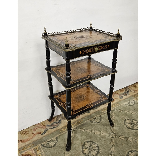 340 - 19thC 3-Tier Ebony Etagere, a brass gallery and finials over multiple inlay tiers (worn top-tier inl... 