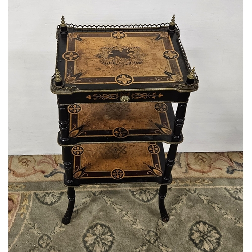 340 - 19thC 3-Tier Ebony Etagere, a brass gallery and finials over multiple inlay tiers (worn top-tier inl... 