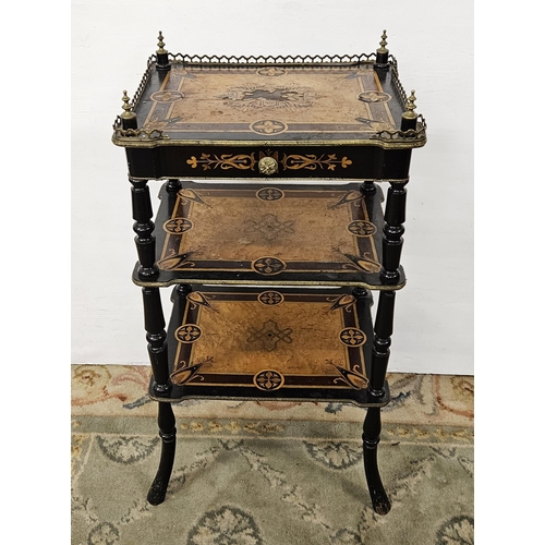 340 - 19thC 3-Tier Ebony Etagere, a brass gallery and finials over multiple inlay tiers (worn top-tier inl... 