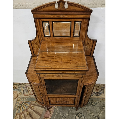 344 - 19thC Satinwood Side Cabinet, neat sized, the  3-part galleried mirror back over a central glass dis... 