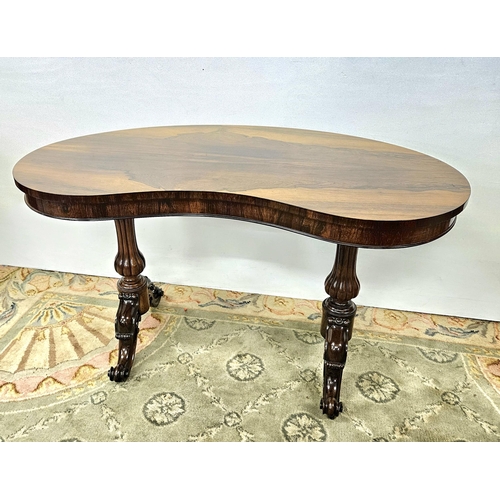 347 - Fine 19thC polished Rosewood Library Table, the kidney-shaped top over turned and reeded supports, o... 