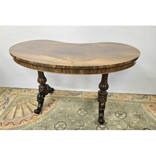 347 - Fine 19thC polished Rosewood Library Table, the kidney-shaped top over turned and reeded supports, o... 