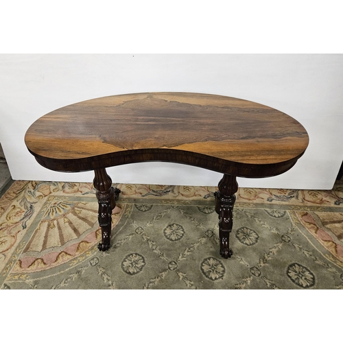 347 - Fine 19thC polished Rosewood Library Table, the kidney-shaped top over turned and reeded supports, o... 