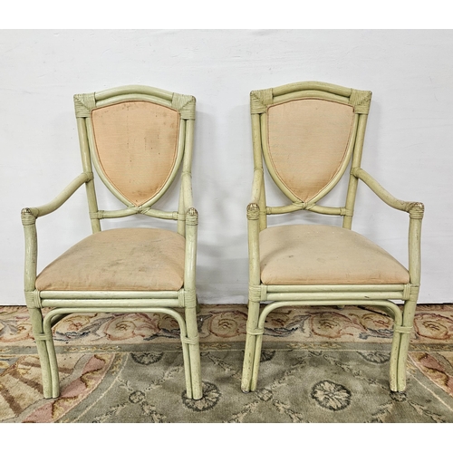 35 - Matching Pair of bamboo framed Armchairs, painted green, with padded seats (2)
