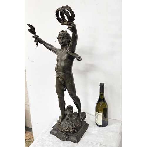 354 - French Spelter Figure Le Triomphe, signed Louis Moreau, Salon Beaux Art, 73cmH