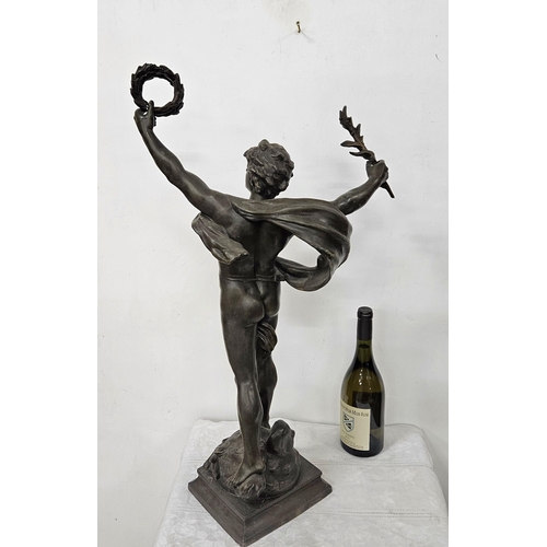 354 - French Spelter Figure Le Triomphe, signed Louis Moreau, Salon Beaux Art, 73cmH