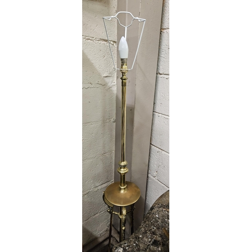 402 - Brass Standard Lamp, with a vintage red fabric fluted shade, telescopic height (up to about 2m), on ... 