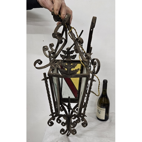 411 - Antique French metal framed Hall Lantern, 4-sided, fitted with colour leaded glass panels (1 panel m... 