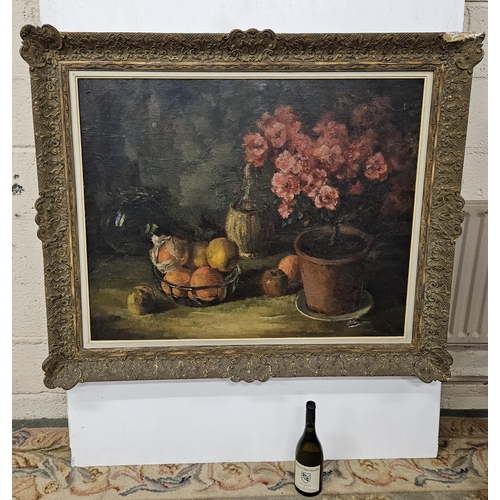 430 - Large Still Life Oil on Canvas  citrus fruits and a terracotta pot of pink flowers, signed illegibl... 