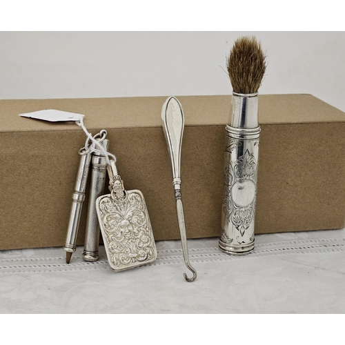 469 - 5 silver items (all hallmarked) incl. 2 pencil holders, a button hook, Victorian chased cosmetic bru... 