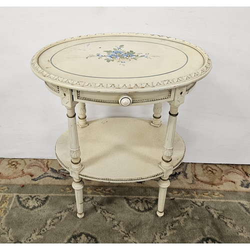 47 - French cream painted table, oval shaped, decorated with blue and white flowers, drawer & undershelf,... 