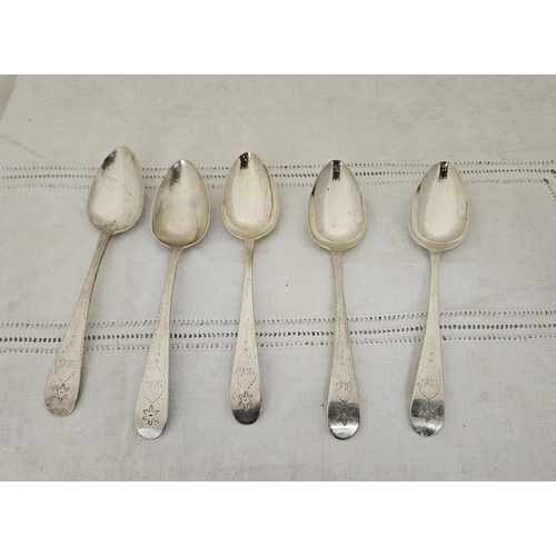 473 - Set of 5 Dublin Georgian Silver Dessert Spoons, star cut designs, stamped Stewart, initialled R.A.G... 