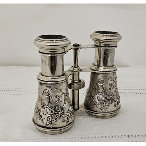 481 - French Opera Glasses, stamped Chevaller Paris, in a white metal frame decorated with birds