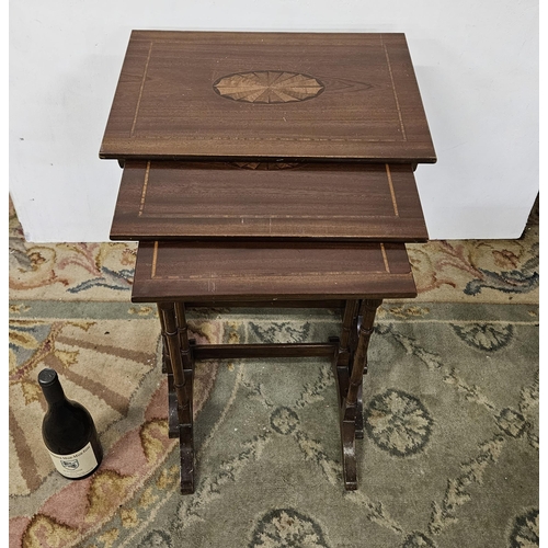 49 - Nest of 3 mahogany tables, with a shell inlaid top, largest is 49cmW x 60cmH (1980s) (3)