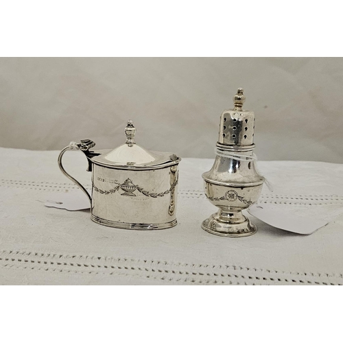 493 - Birmingham Silver small Pepper Pot & oval shaped mustard pot with blue liner (hinged lid damaged) (2... 