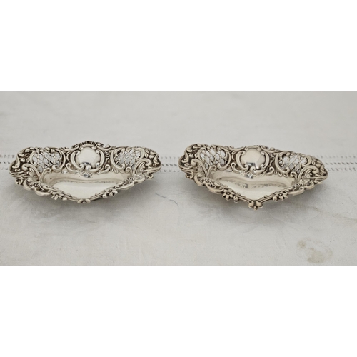 496 - Matching Pair of Chester Silver Decorative Pin Dishes, heart shaped bases and fretwork borders, 10cm... 