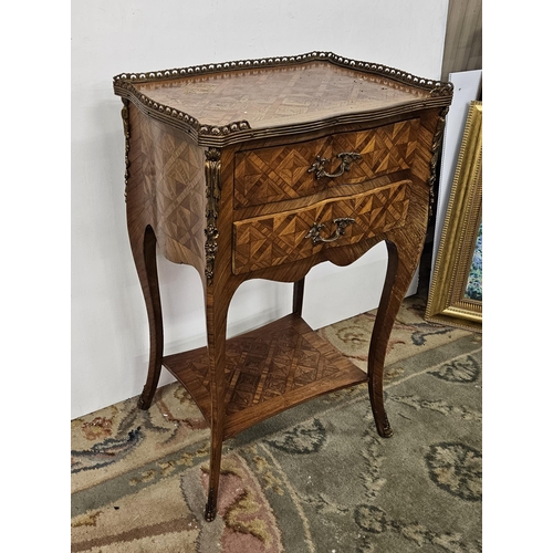 84 - Early 20thC French Parquetry Design Side Table with 2 drawers, a brass gallery and brass mounts to t... 