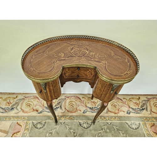 86 - Mid-20thC French Kidney-Shaped Side Table, the brass gallery pieced with love heart designs, above 2... 