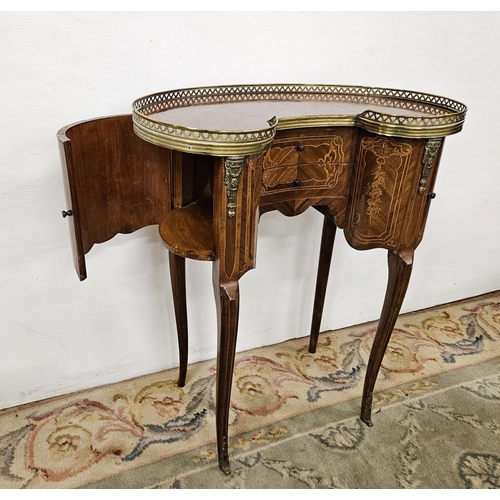 86 - Mid-20thC French Kidney-Shaped Side Table, the brass gallery pieced with love heart designs, above 2... 