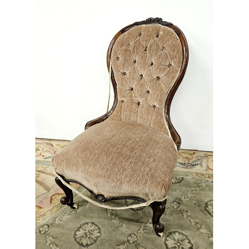 9 - Victorian Mahogany Framed Open Armchair, on cabriole legs, covered with brown velour seat and button... 