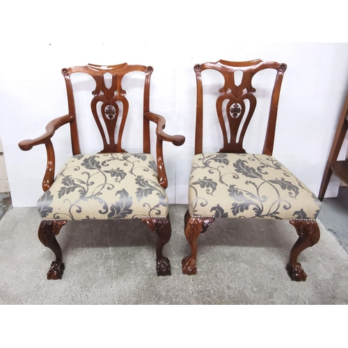 39 - Set of 8 Mahogany Chippendale Style Dining Chairs (6 + 2 carvers), with (little used) silver/grey da... 