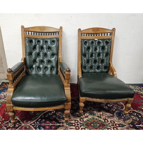 4 - Pair of Ladys and Gents Oak Framed Armchairs, Arts and Crafts aesthetic, very good quality green le... 