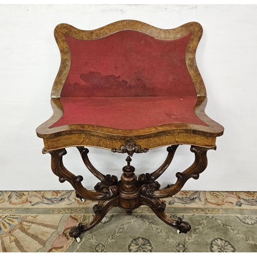 88 - Victorian Walnut Serpentine-shaped Card Table, on four decorative cabriole supports, porcelain casto... 