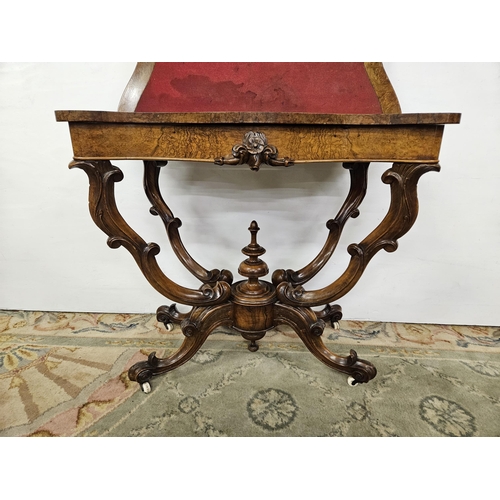 88 - Victorian Walnut Serpentine-shaped Card Table, on four decorative cabriole supports, porcelain casto... 