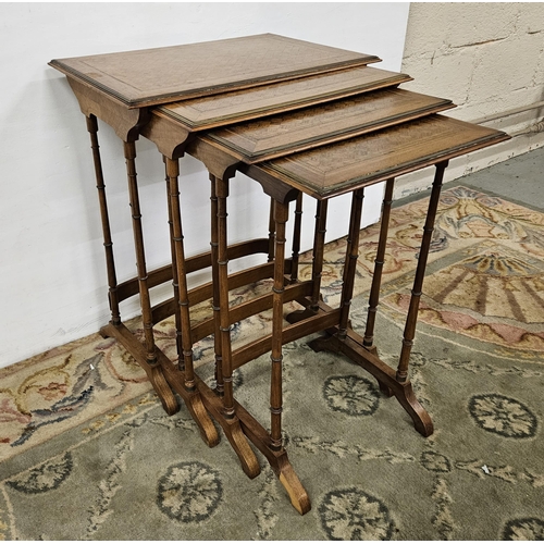 89 - Nest of 4 French parquetry design Tables, with brass rims and boxwood inlay to each top, all on spin... 