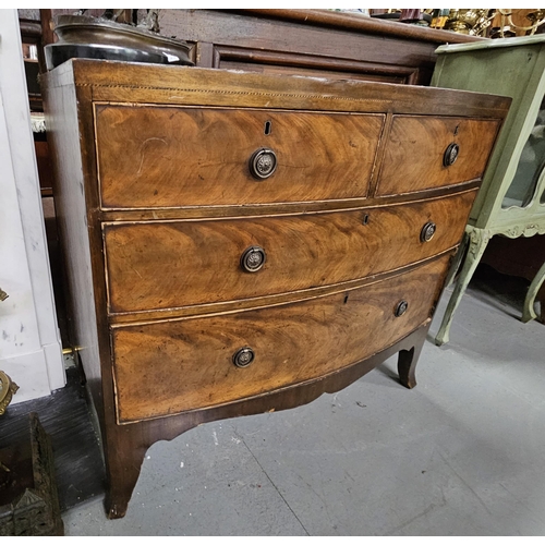 91 - Georgian Mahogany Bow Front Chest of Drawers, on sabre feet, with 3 long drawers, circular brass han... 